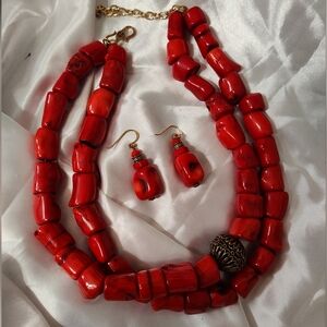 Vintage Barse Chunky Red Coral Necklace and Earring Set
